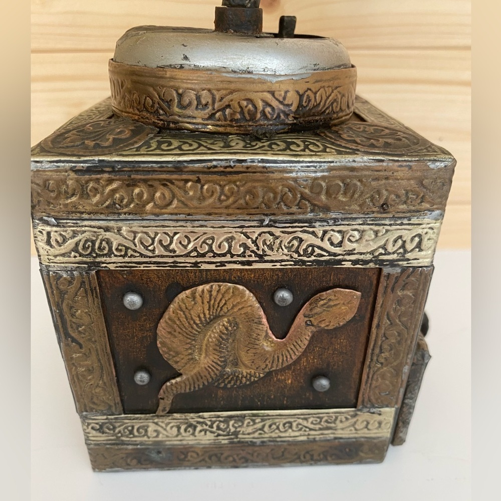 SOLD Moroccan Coffee Grinder Vintage Hand Crank Ornate Brass Metal & Wood Boho - Picture 6 of 14